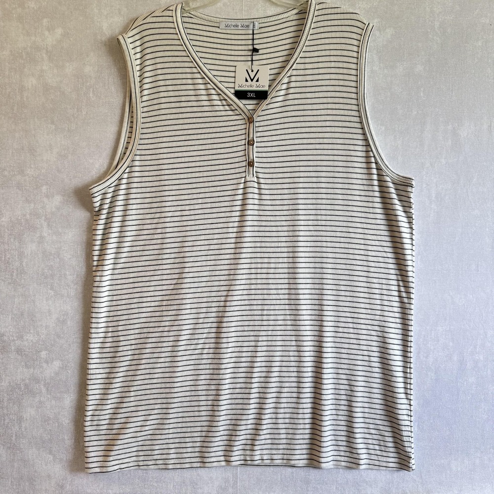 Michelle‎ Mae Tank Top Womens 3XL White Black Striped Sleeveless Henley Shirt